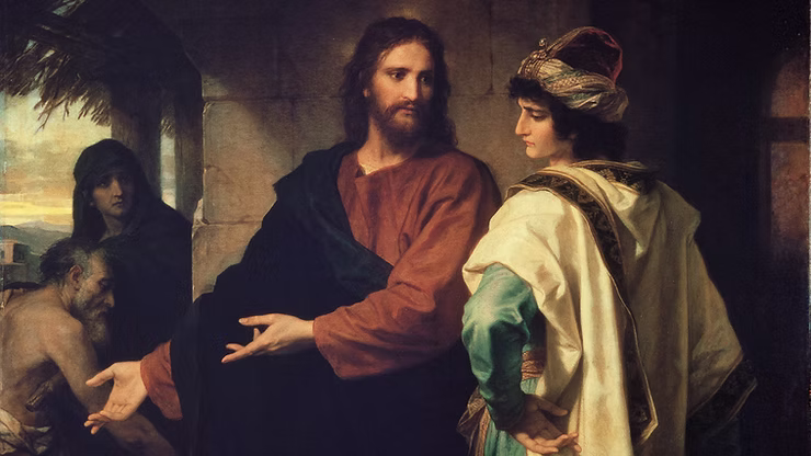 Jezus spreekt met de rijke jongeling en roept hem op tot volledige overgave en navolging.