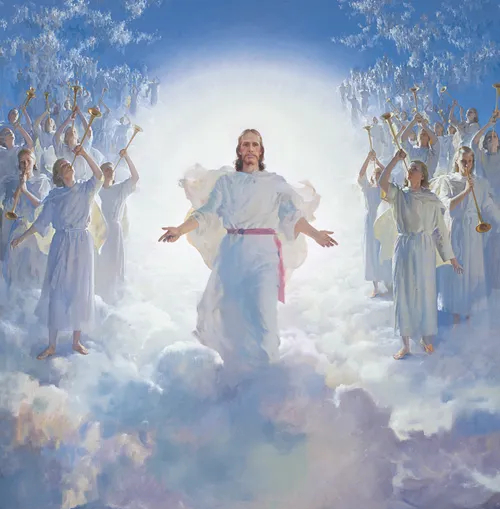 Jezus Christus keert terug op de wolken van de hemel, omringd door engelen bij Zijn wederkomst.
